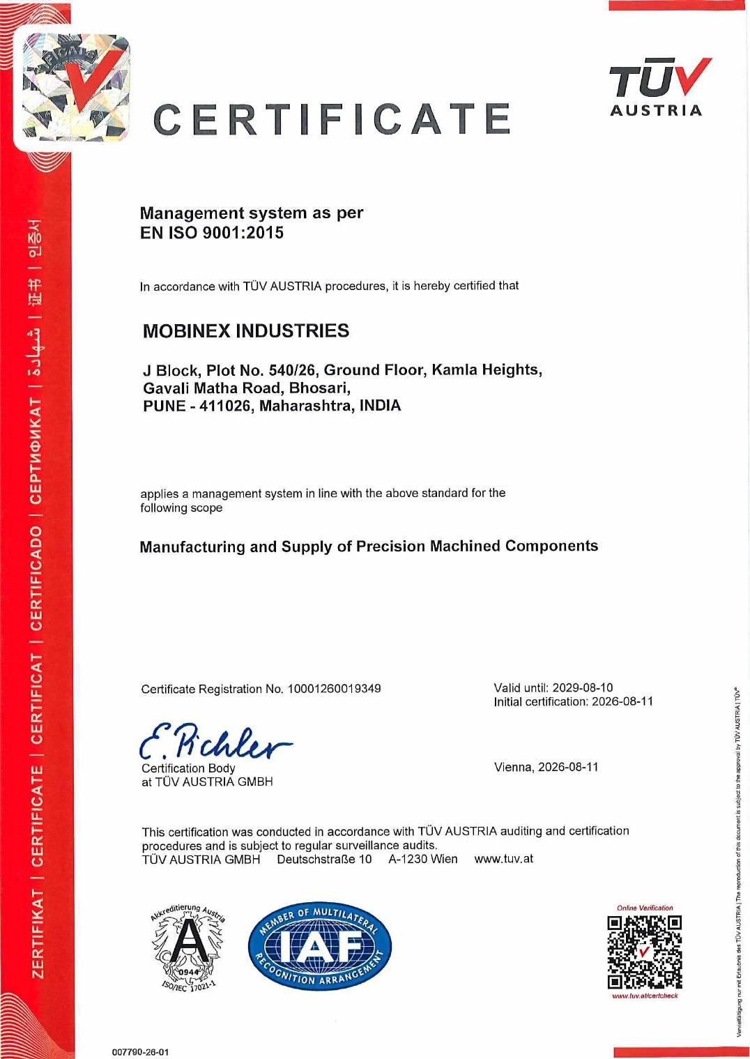 Mobinex Industries ISO 9001:2015 Certificate